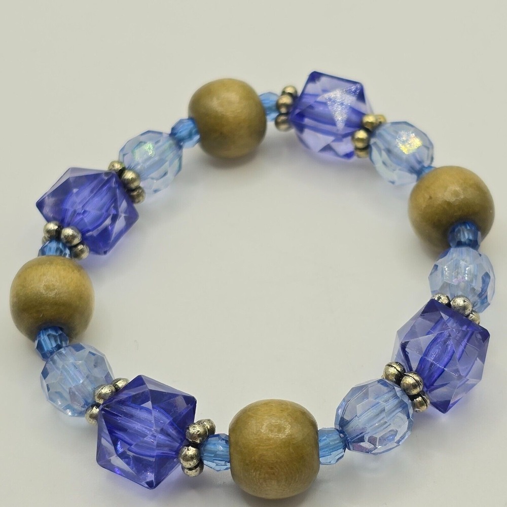 Vintage Blue Glass and Wooden Beaded Stretch Bracelet Womens Boho Casual